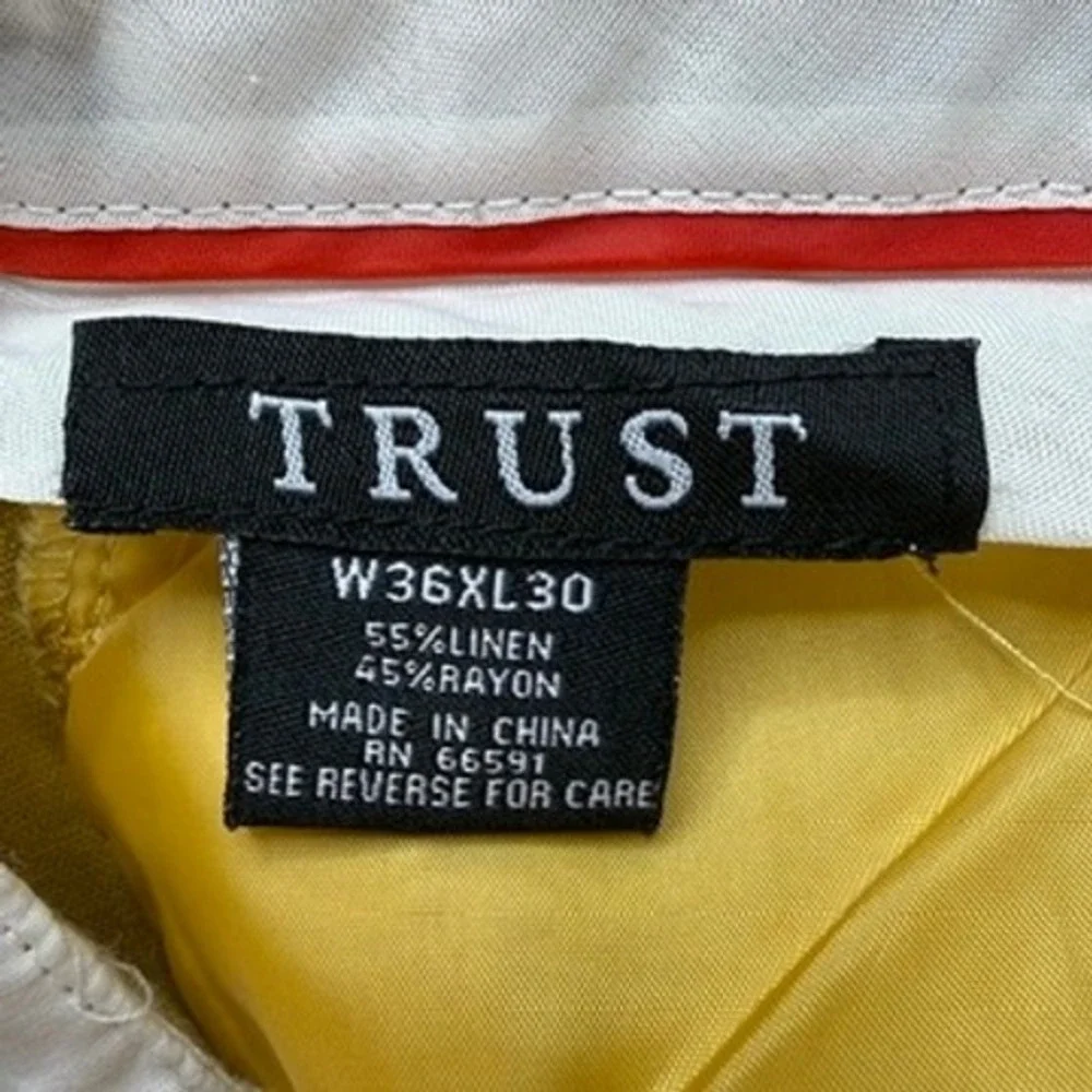 Trust Linen Blend Pleated Dress Pants Relaxed 36x30 (FIT 35x28) Yellow Trousers